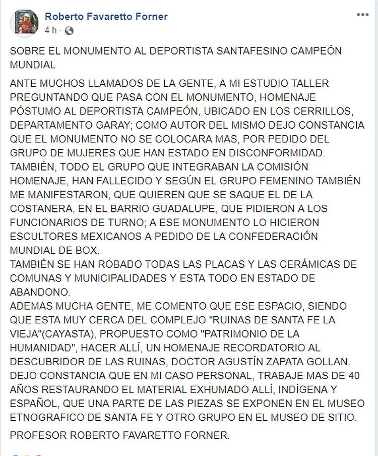 Lo comunicó el creador de la obra, Roberto Favaretto Forner