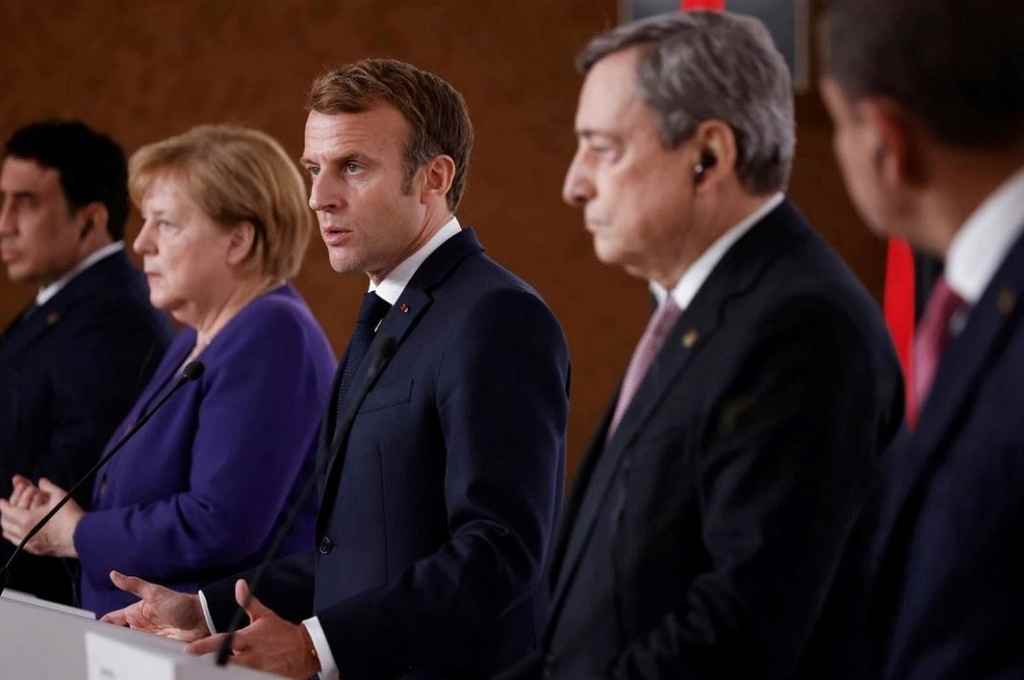 Ángela Merkel(Alemania), Emmanuel Macron (Francia) y Mario Draghi (Italia), durante la Conferencia Internacional de Paz sobre Libia, realizada en París. Crédito: Gentileza