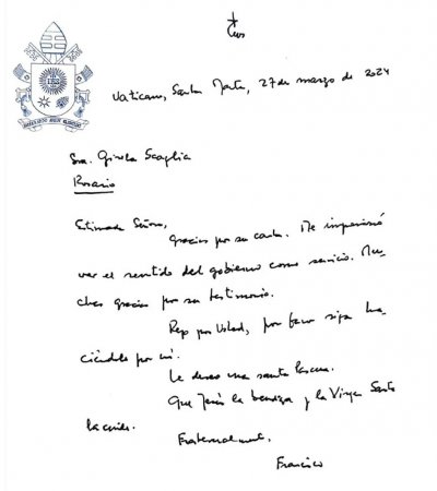 De puo y letra: la carta del papa Francisco a Scaglia - El escrito del Papa Francisco.